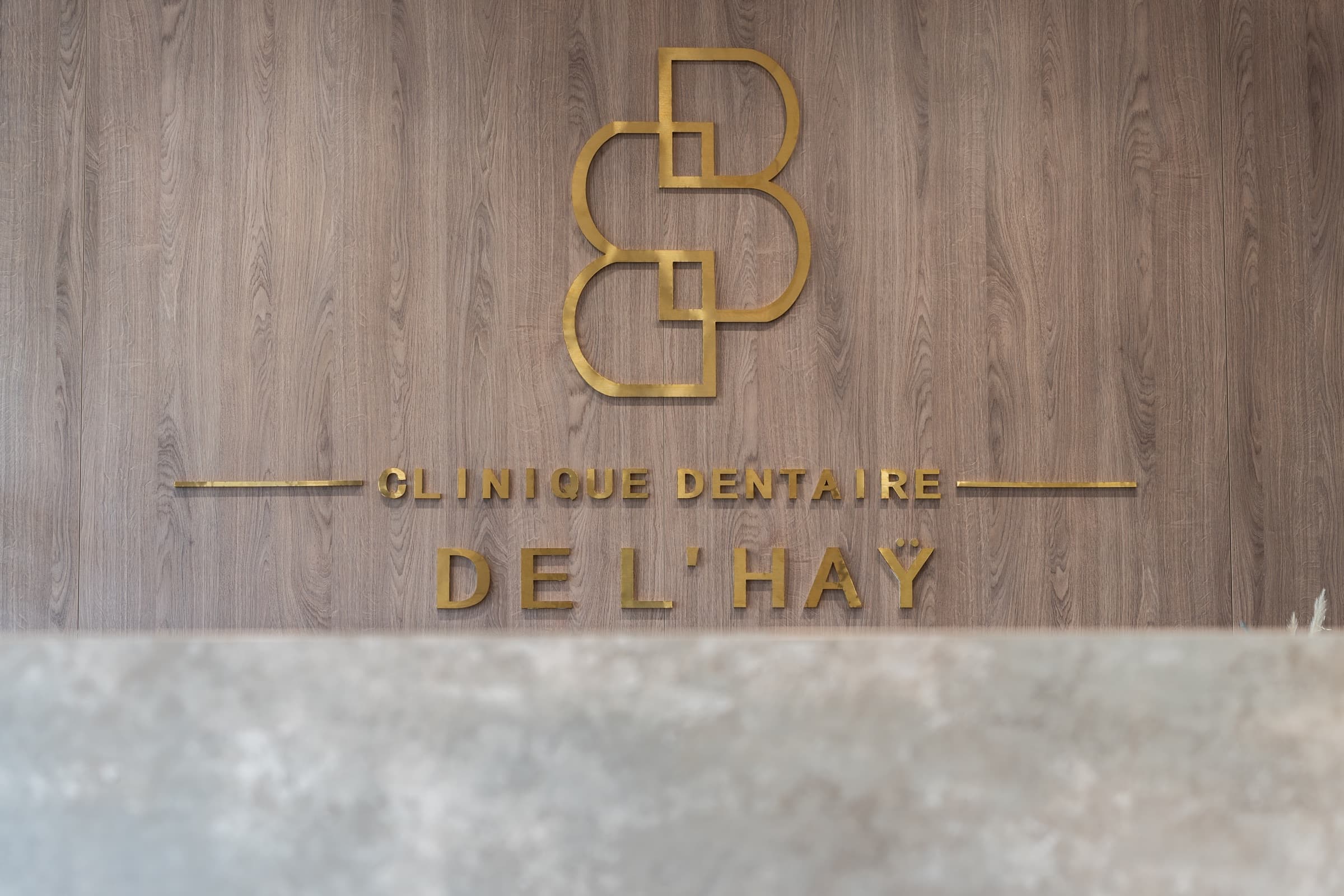 Logo BB doré et nom du cabinet en lettres laiton sur un panneau en bois